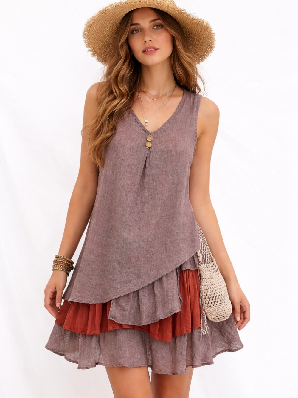 Misslook Boho Lagenlook Layered Mini Dress Cotton Blend Brown Rust Large